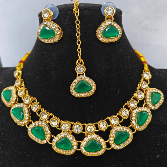 Traditional Green Stone Necklace Set for Navratri | Earrings & Maang Tikka | Festive Jewellery by Sudiksha