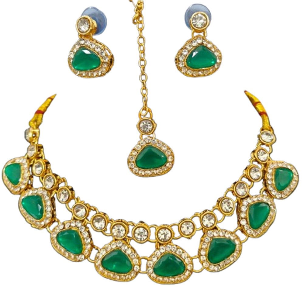 Traditional Green Stone Necklace Set for Navratri | Earrings & Maang Tikka | Festive Jewellery by Sudiksha