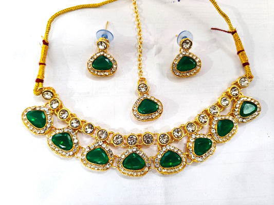 Traditional Green Stone Necklace Set for Navratri | Earrings & Maang Tikka | Festive Jewellery by Sudiksha