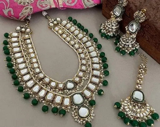 Green Minakari Necklace Set Delicate Jewellery with Jhumka Earrings