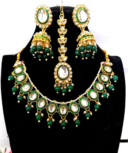 Green Minakari Necklace Set Delicate Jewellery with Jhumka Earrings