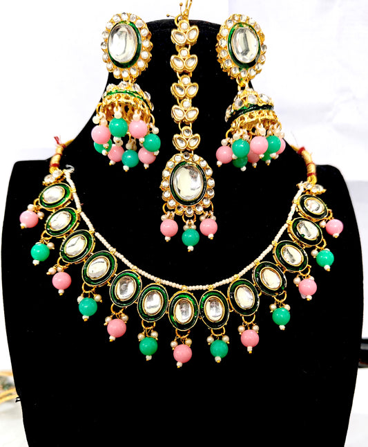 Green Minakari Necklace Set Delicate Jewellery with Jhumka Earrings (Pink & Mint) combination