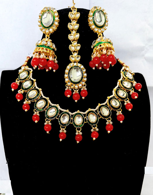 Green Minakari Necklace Set Delicate Jewellery with Jhumka Earrings