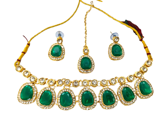 Traditional Green Stone Necklace Set for Navratri | Earrings & Maang Tikka | Festive Jewellery by Sudiksha