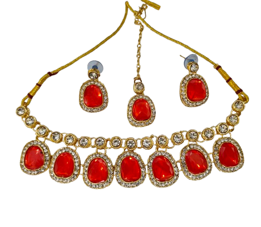 Traditional Green Stone Necklace Set for Navratri | Earrings & Maang Tikka | Festive Jewellery by Sudiksha