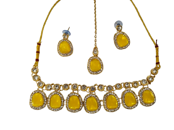 Traditional Green Stone Necklace Set for Navratri | Earrings & Maang Tikka | Festive Jewellery by Sudiksha