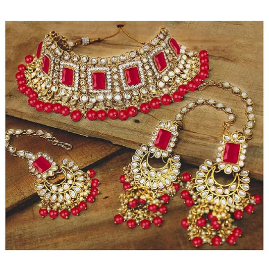 Royal Green Kundan Bridal Jewellery Set – Necklace, Earrings & Maang Tikka -Red
