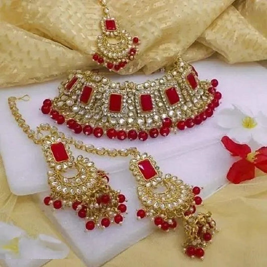 Royal Green Kundan Bridal Jewellery Set – Necklace, Earrings & Maang Tikka -Red