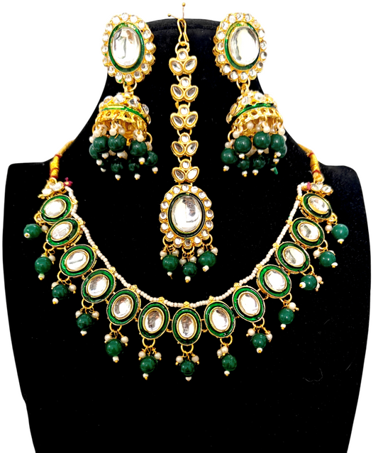 Green Minakari Necklace Set Delicate Jewellery with Jhumka Earrings