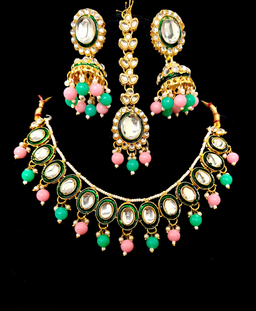 Green Minakari Necklace Set Delicate Jewellery with Jhumka Earrings (Pink & Mint) combination