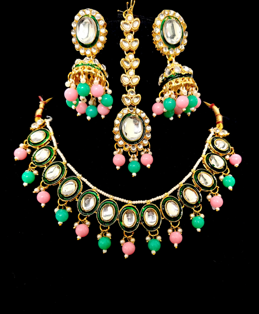 Green Minakari Necklace Set Delicate Jewellery with Jhumka Earrings (Pink & Mint) combination