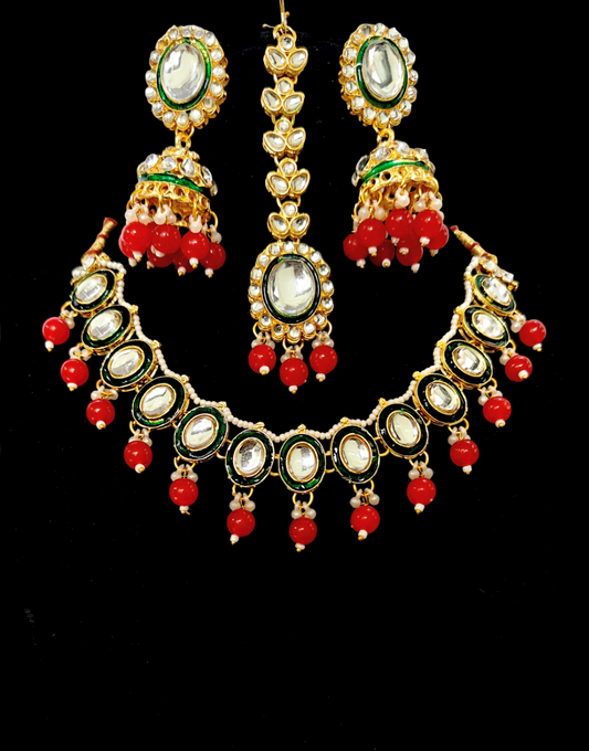 Green Minakari Necklace Set Delicate Jewellery with Jhumka Earrings