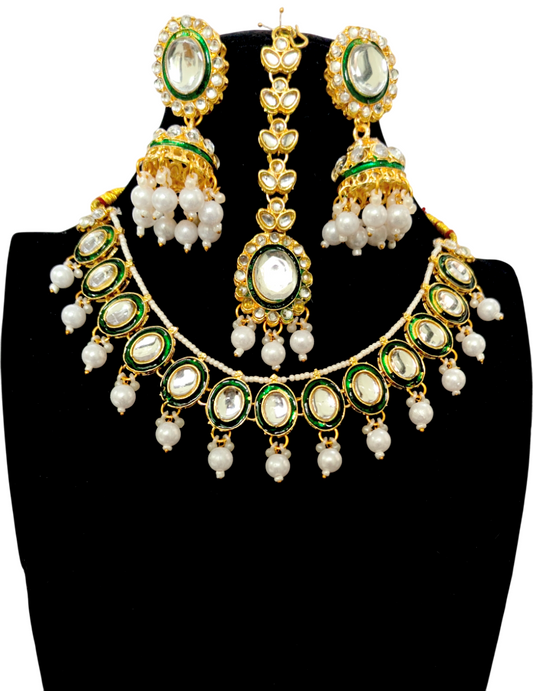 Green Minakari Necklace Set Delicate Jewellery with Jhumka Earrings