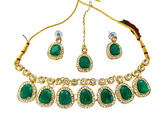 Traditional Green Stone Necklace Set for Navratri | Earrings & Maang Tikka | Festive Jewellery by Sudiksha
